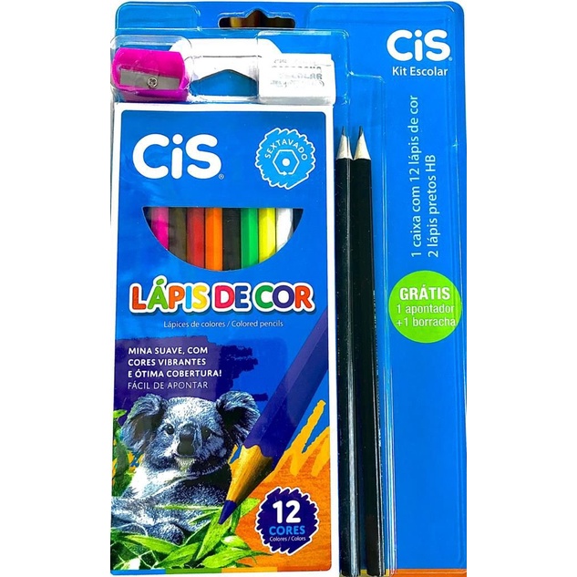 Kit Escolar CIS com 12 Lápis de Cor 2 Lápis Preto mais 1 Apontador e 1 Borracha