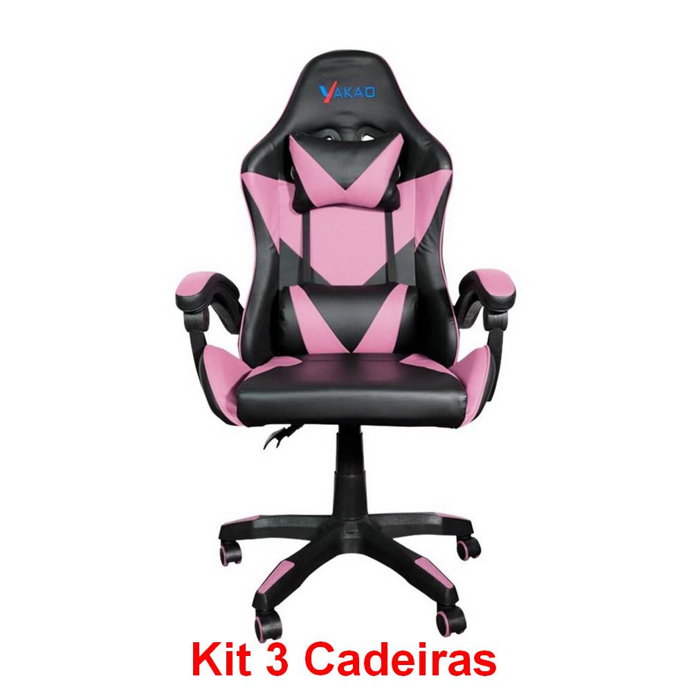 Kit 3 Cadeira Gamer Giratória Preto e Rosa com Braço Ajuste de Altura Encosto Reclinável Yakao GC007PINK