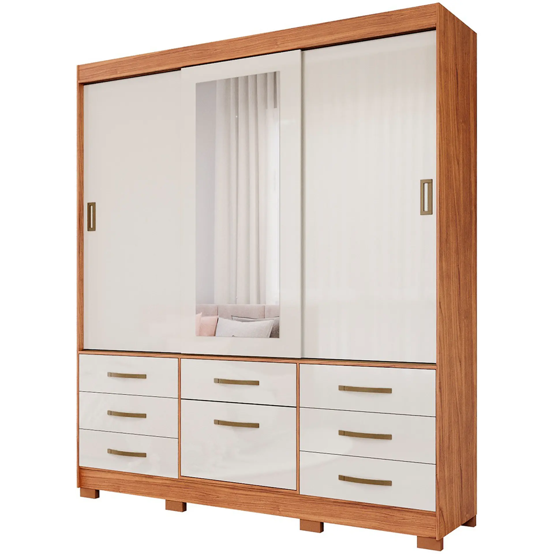 Guarda-Roupa Casal 3 Portas Correr 7 Gavetas Luiza Panan Roupeiro - Cinamomo/ Off white