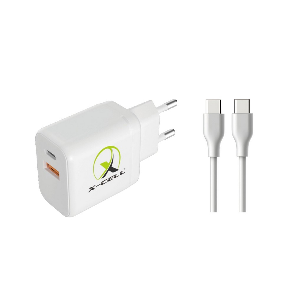Carregador Celular Parede 2 Portas USB-A USB-C 3A 40W GaN Bivolt Cabo Type-C Branco X-Cell XCUR100B