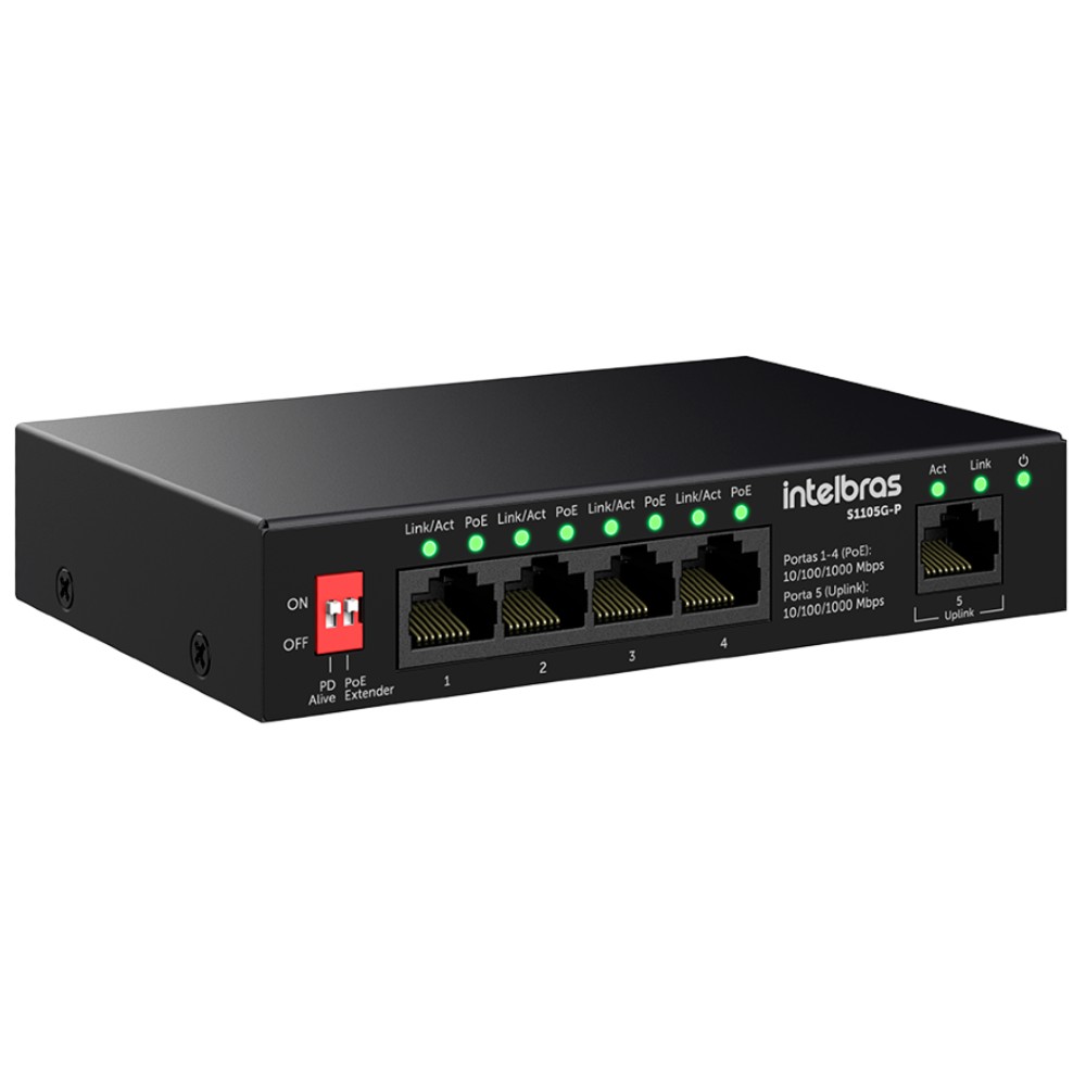 Switch Não Gerenciável PoE 5 Portas 1000 Mbps S1105G P Intelbras