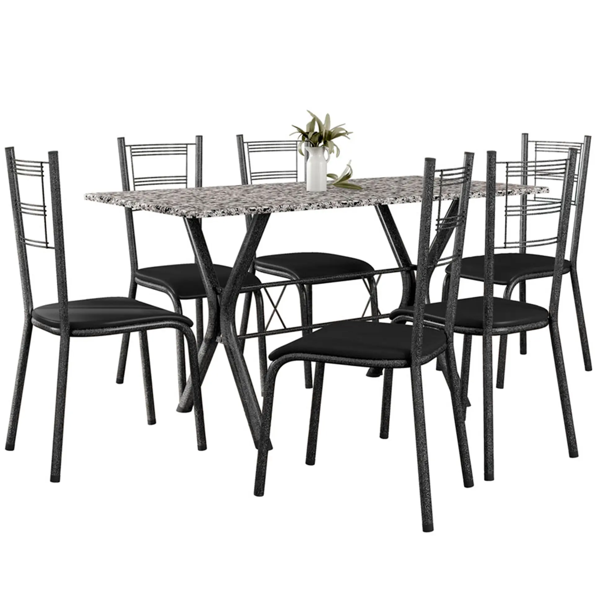 Conjunto de Mesa 6 Cadeiras Tampo de Granito Santiago Fabone - Preto/Prata