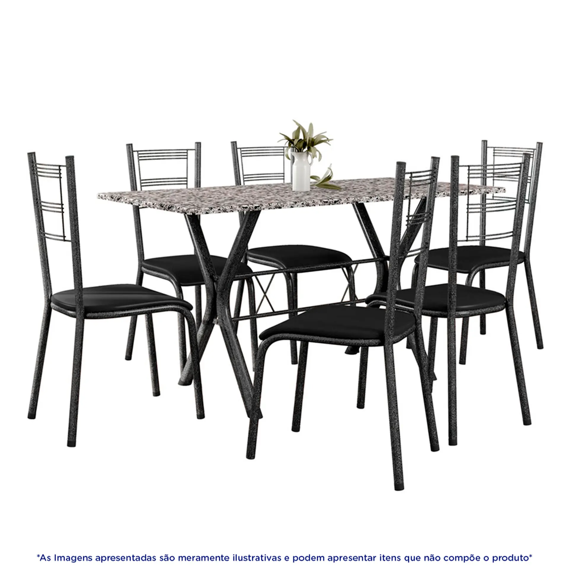 Conjunto de Mesa 6 Cadeiras Tampo de Granito Santiago Fabone - Preto/Prata