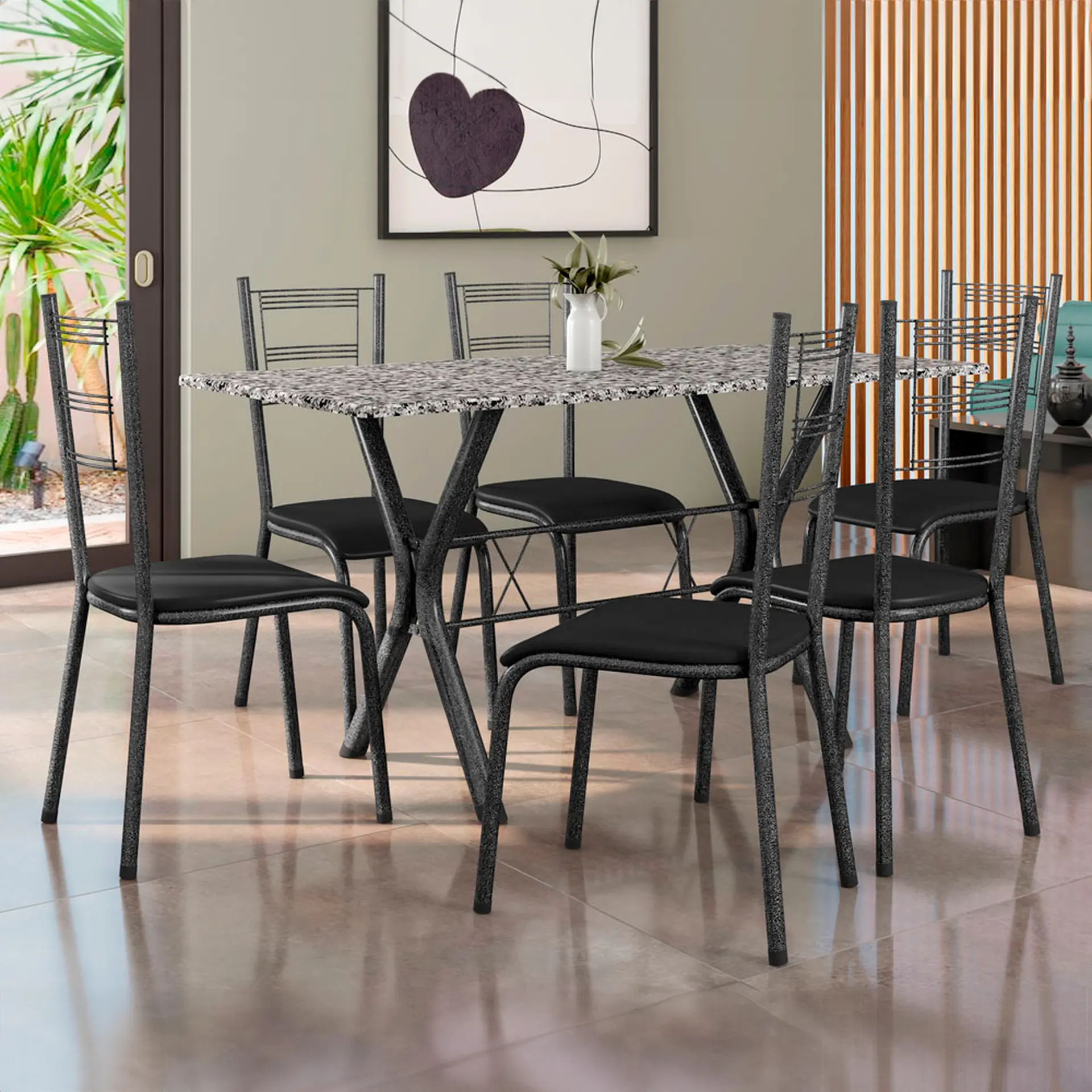 Conjunto de Mesa 6 Cadeiras Tampo de Granito Santiago Fabone - Preto/Prata