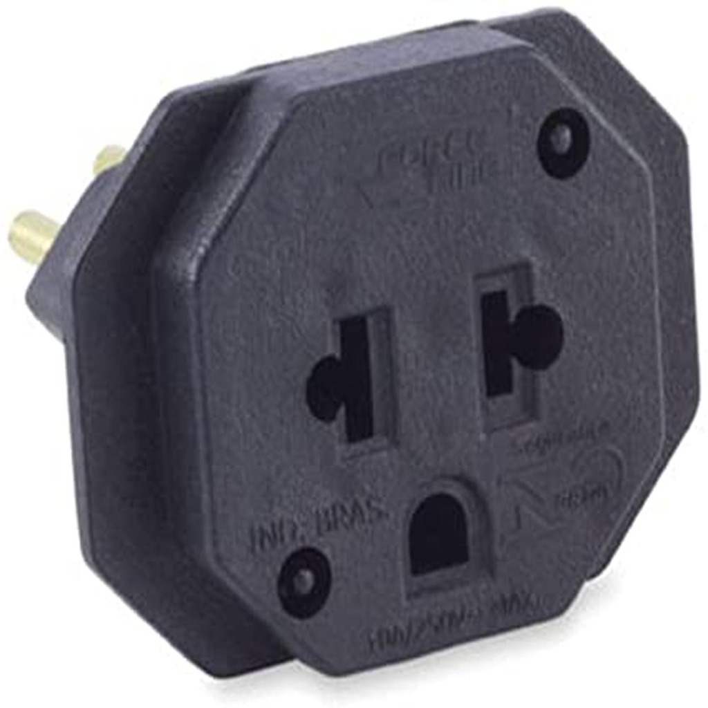 Adaptador Tomada Force Line 2 Pinos Fêmea Chato + Terra - 3 Pinos Macho Redondo 10A Preto - 4312