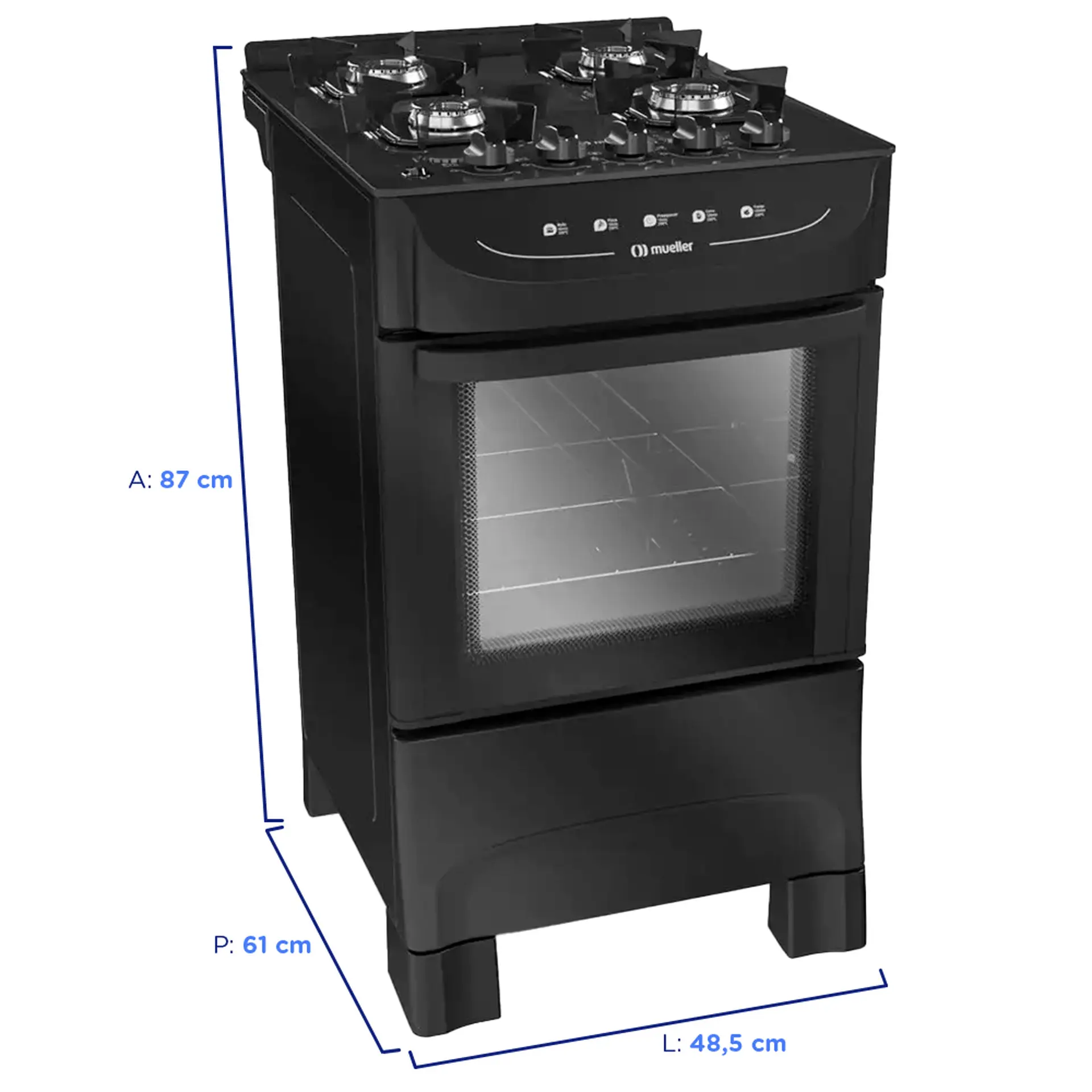 Fogão Mueller MFV4BB 4 Bocas Automático Mesa de Vidro Forno Total Clean - Preto - Bivolt