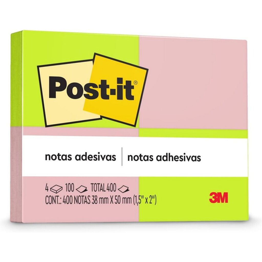 Bloco de Notas Adesivo 38x50mm com 4 Blocos de 100 Folhas 2 Cores - Post-it - 3M - HB004088314