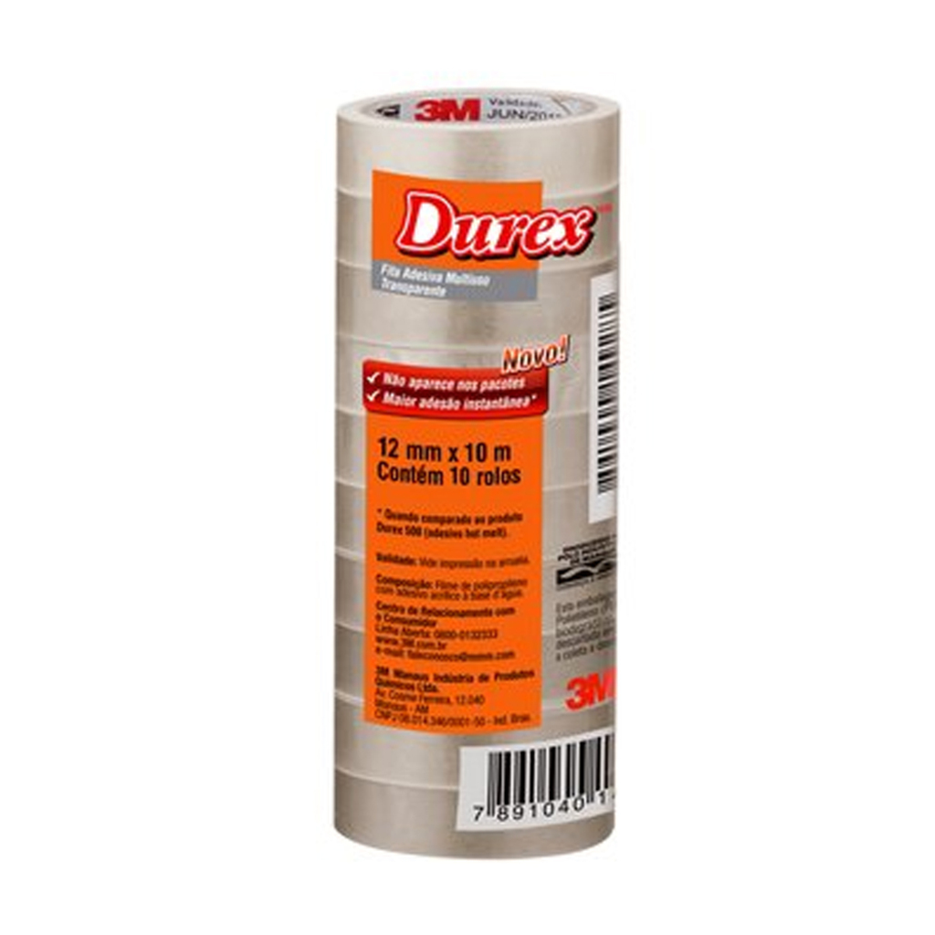 Fita Adesiva Transparente 12mm x 10 Metros Durex Pacote com 10 Unidades - 3M- HB004174254