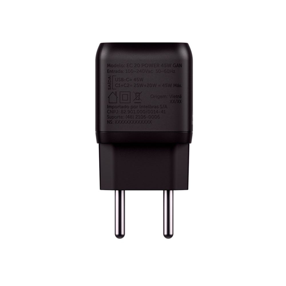 Carregador Ultra Rápido 2 Portas USB-C EC 20 Power 45W GAN Preto Intelbras
