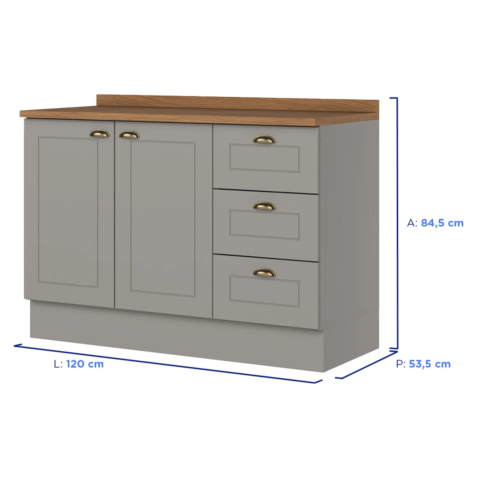 Balcão com Tampo 2 Portas 3 Gavetas 120cm Americana Henn - Cinza