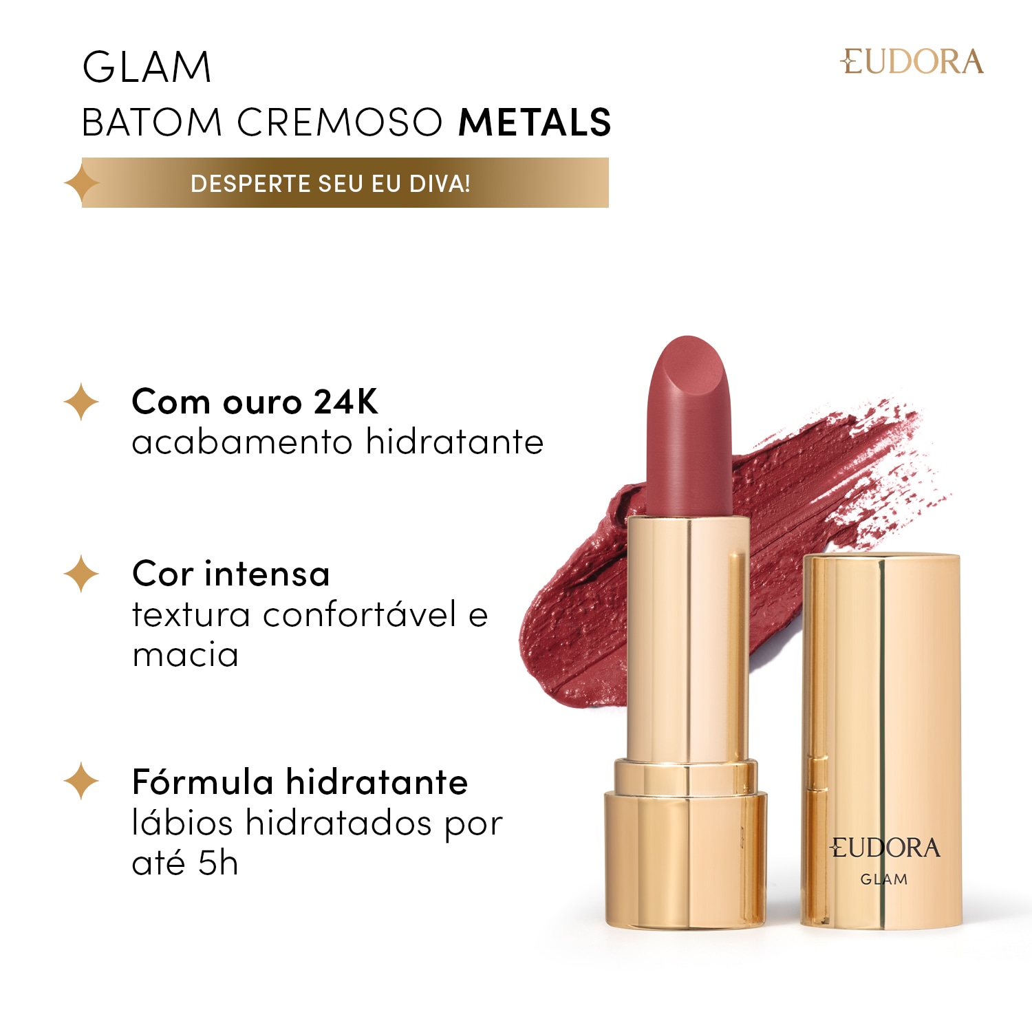 Batom Cremoso Rose Diva Glam Metals Diva Suprema 3,6g
