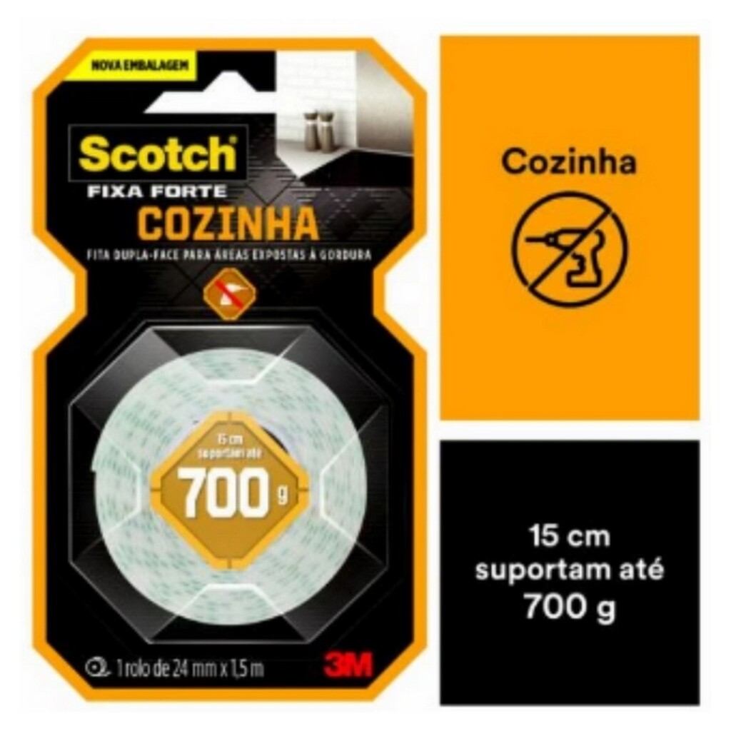 Fita Dupla Face 24mm x 1,5 Metros Fixa Forte Cozinha Scotch 3M - Unitário