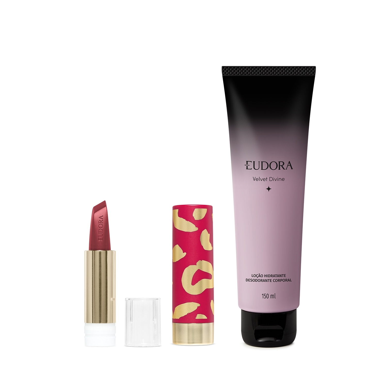 Combo Loção Corporal Eudora Velvet Divine 150ml + Refil Batom 3,4g + Case Para Batom