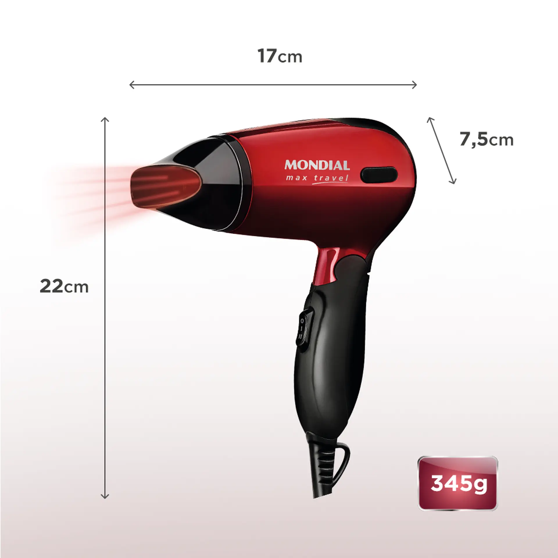 Secador de Cabelo Mondial Max Travel SC-10 Cabo Dobrável 1200W - Vermelho/Preto - Bivolt