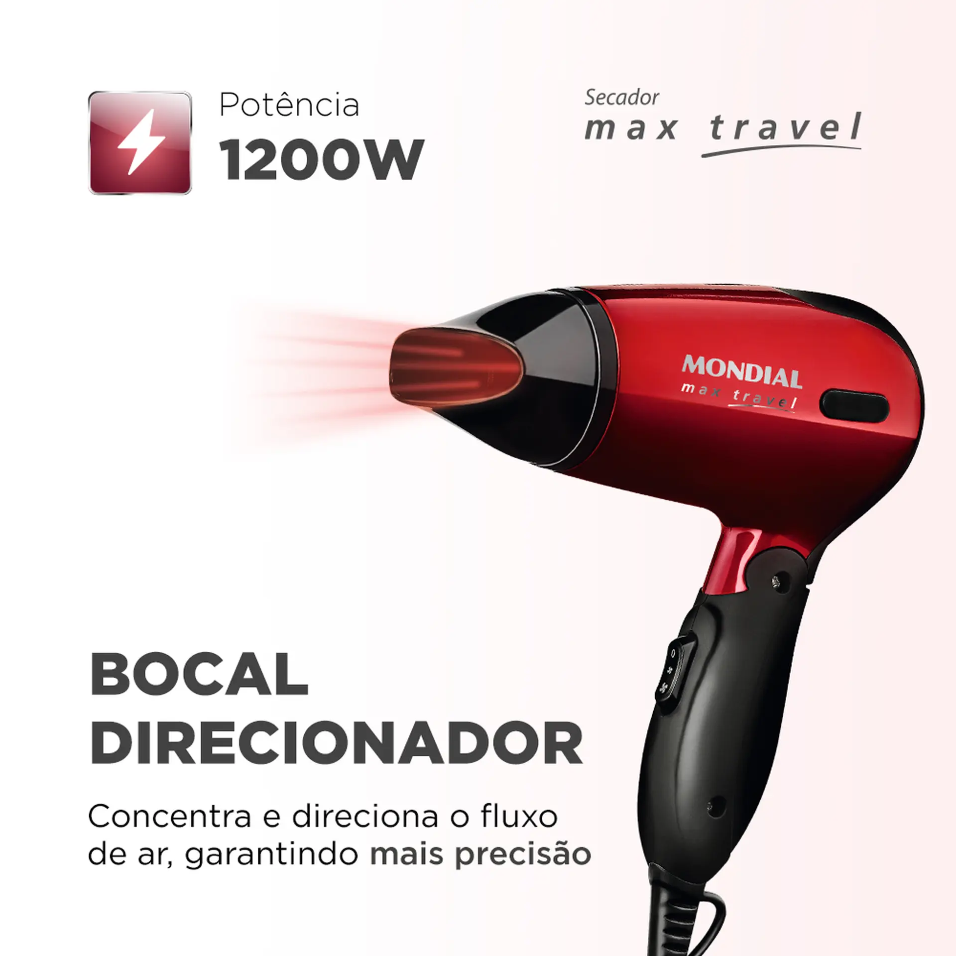 Secador de Cabelo Mondial Max Travel SC-10 Cabo Dobrável 1200W - Vermelho/Preto - Bivolt