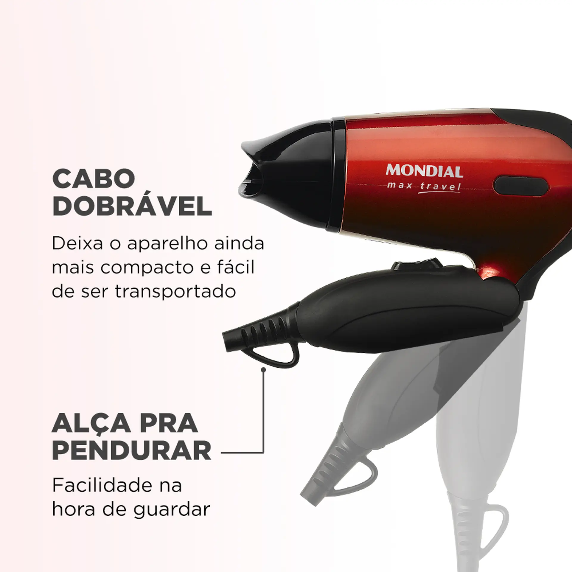 Secador de Cabelo Mondial Max Travel SC-10 Cabo Dobrável 1200W - Vermelho/Preto - Bivolt