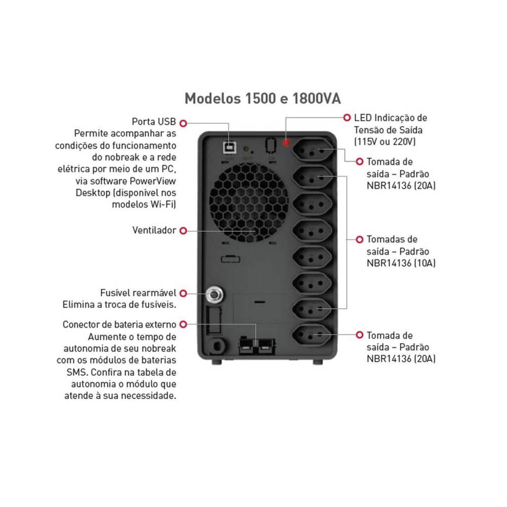 No-Break SMS Pro 1.5 KVA Entrada Bivolt e Saída Bivolt Wi-Fi 2 Baterias - 29402 - com Conexão para Bateria Externa