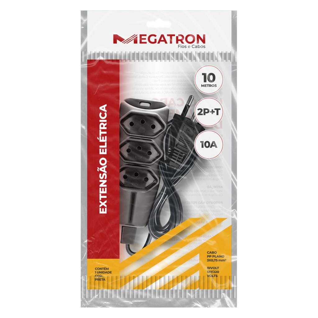Cabo de Extensão 3 Tomadas Megatron 10A 10 Metros Tripolar - 59