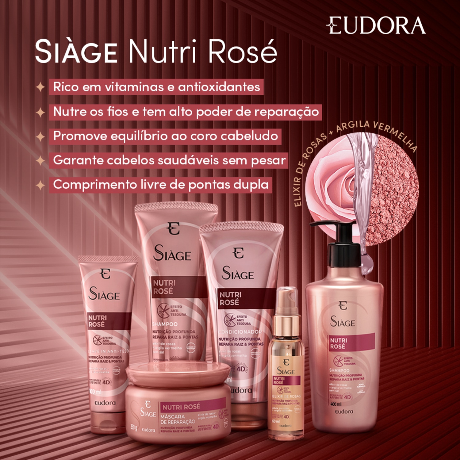 Combo Siáge: Shampoo Nutri Rosé 400ml + Condicionador Nutri Rosé 400ml + Leave-in Resgate Imediato 100ml