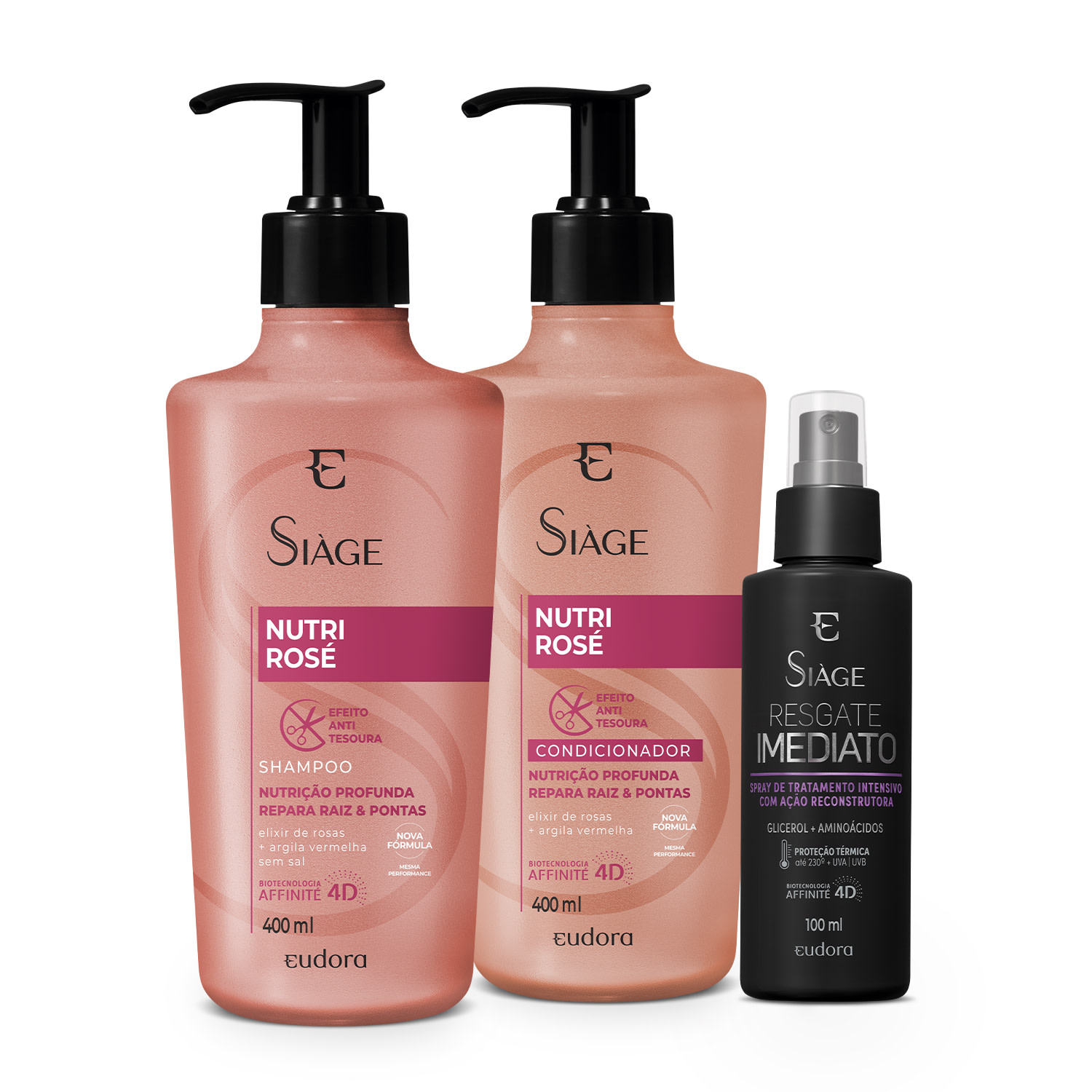 Combo Siáge: Shampoo Nutri Rosé 400ml + Condicionador Nutri Rosé 400ml + Leave-in Resgate Imediato 100ml