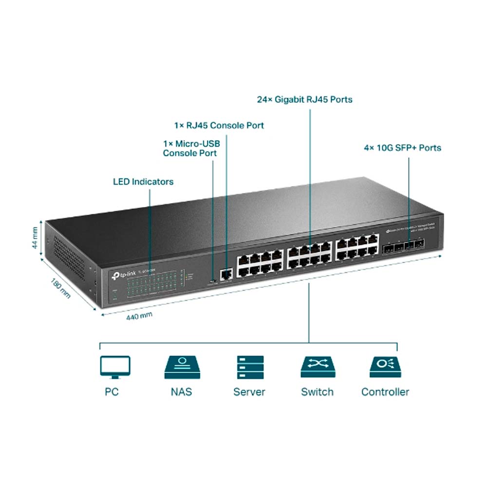 Switch Gerenciável L2+ Tp-Link SG3428X 24 Portas 10/100/1000 Mbps 4 Portas SFP+ 10G 1 Porta Console RJ45 JetStream Omada