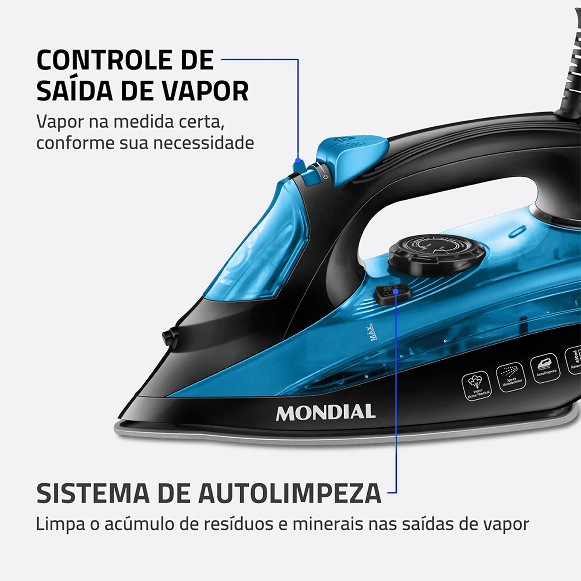 Ferro de Passar a Vapor Mondial Diamond Ceramic F-53 1200W - Preto/Azul - 110 Volts