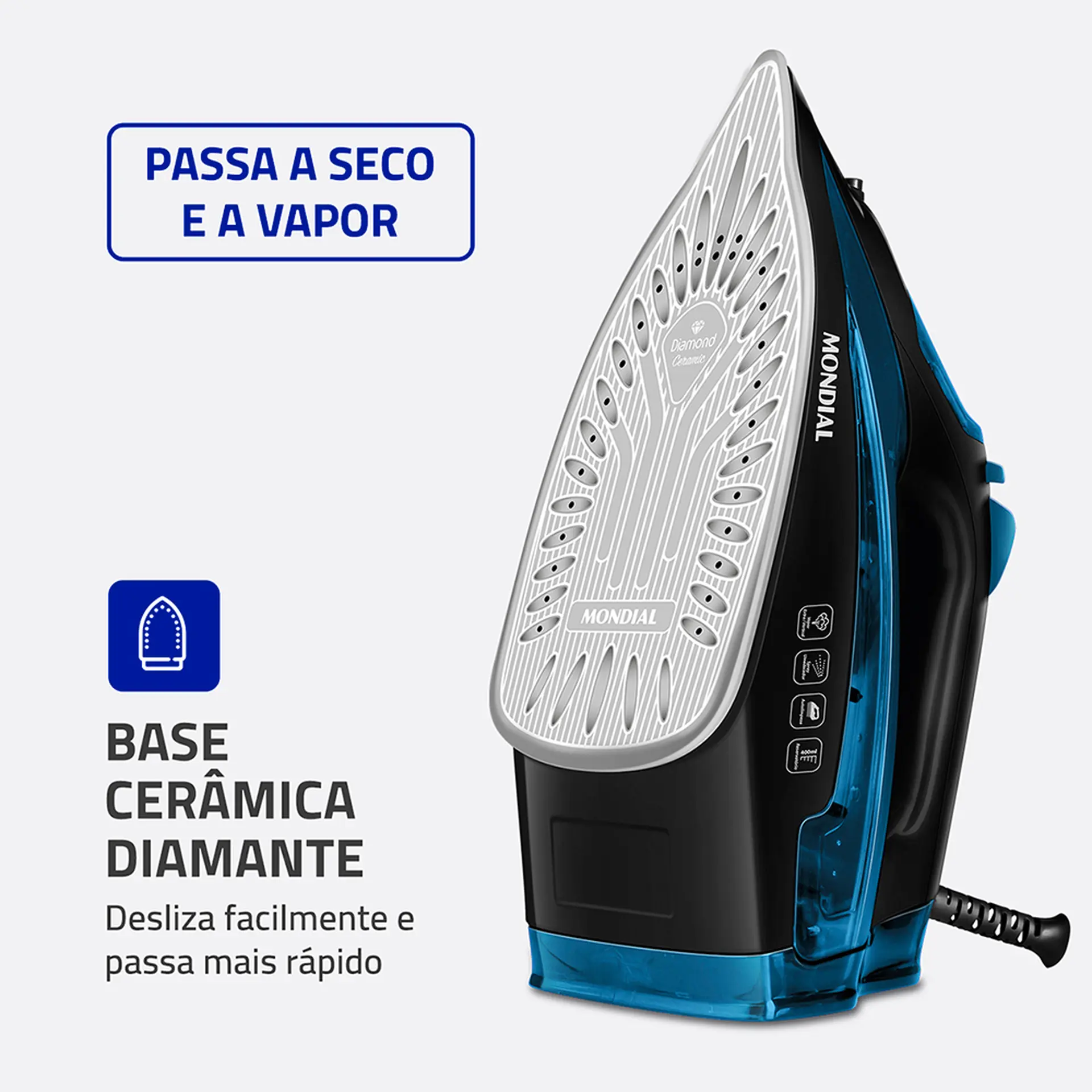 Ferro de Passar a Vapor Mondial Diamond Ceramic F-53 1200W - Preto/Azul - 110 Volts