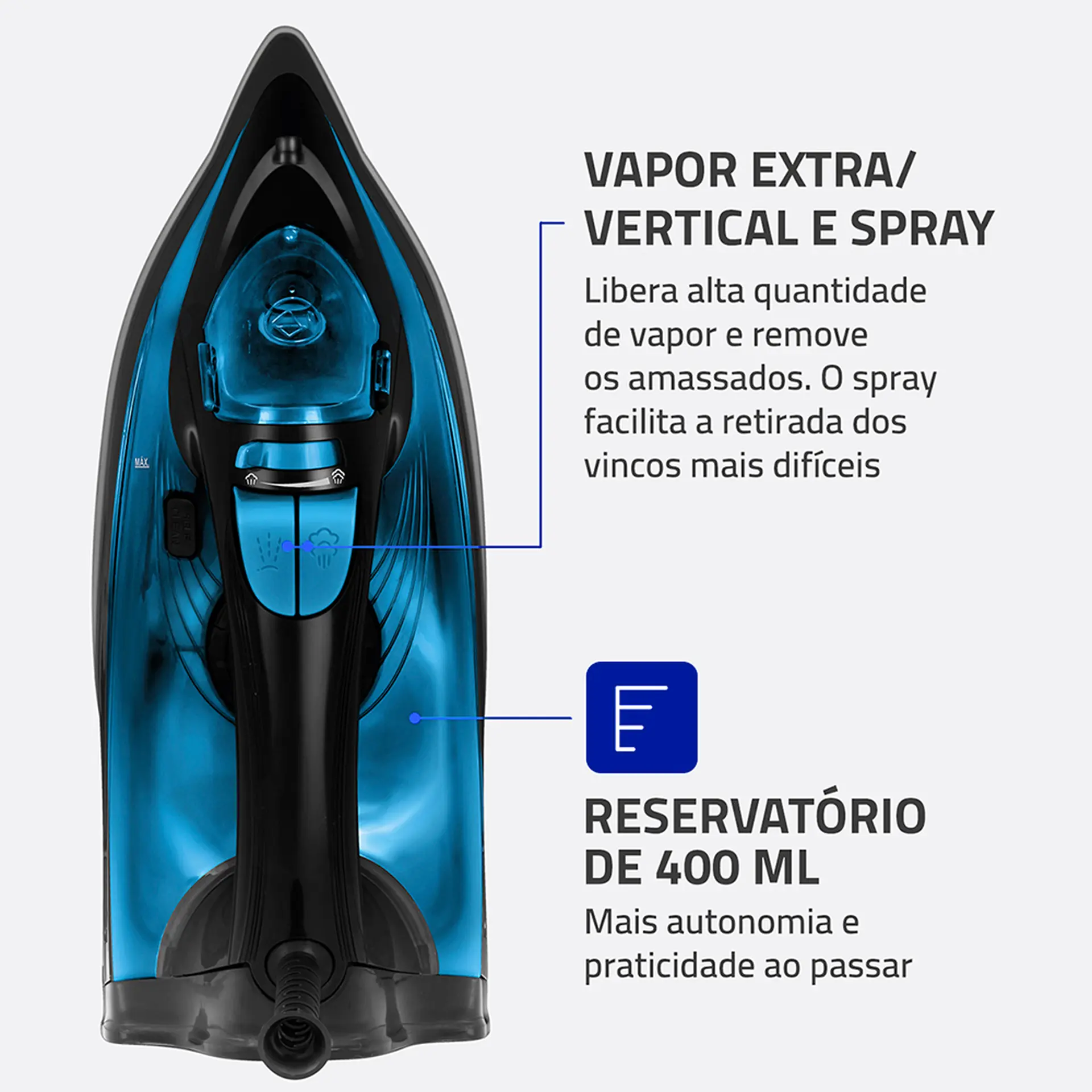 Ferro de Passar a Vapor Mondial Diamond Ceramic F-53 1200W - Preto/Azul - 110 Volts