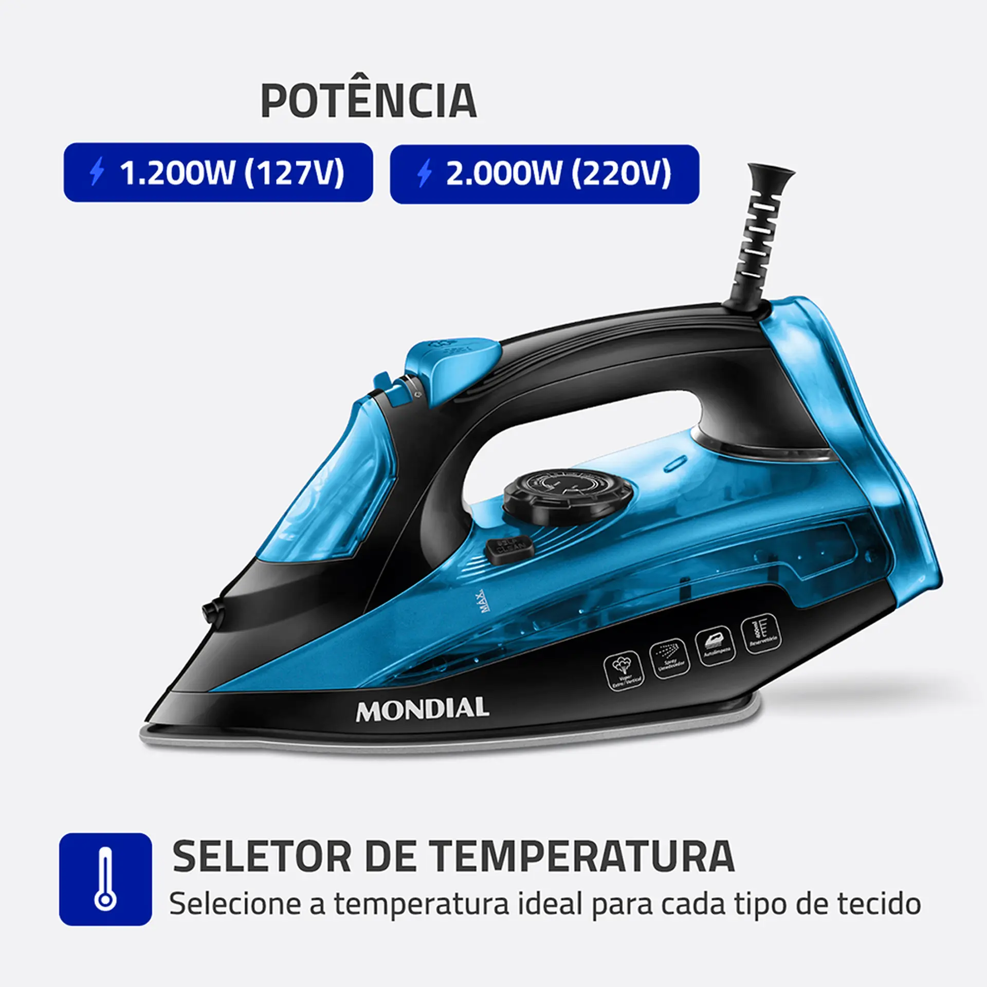 Ferro de Passar a Vapor Mondial Diamond Ceramic F-53 1200W - Preto/Azul - 110 Volts