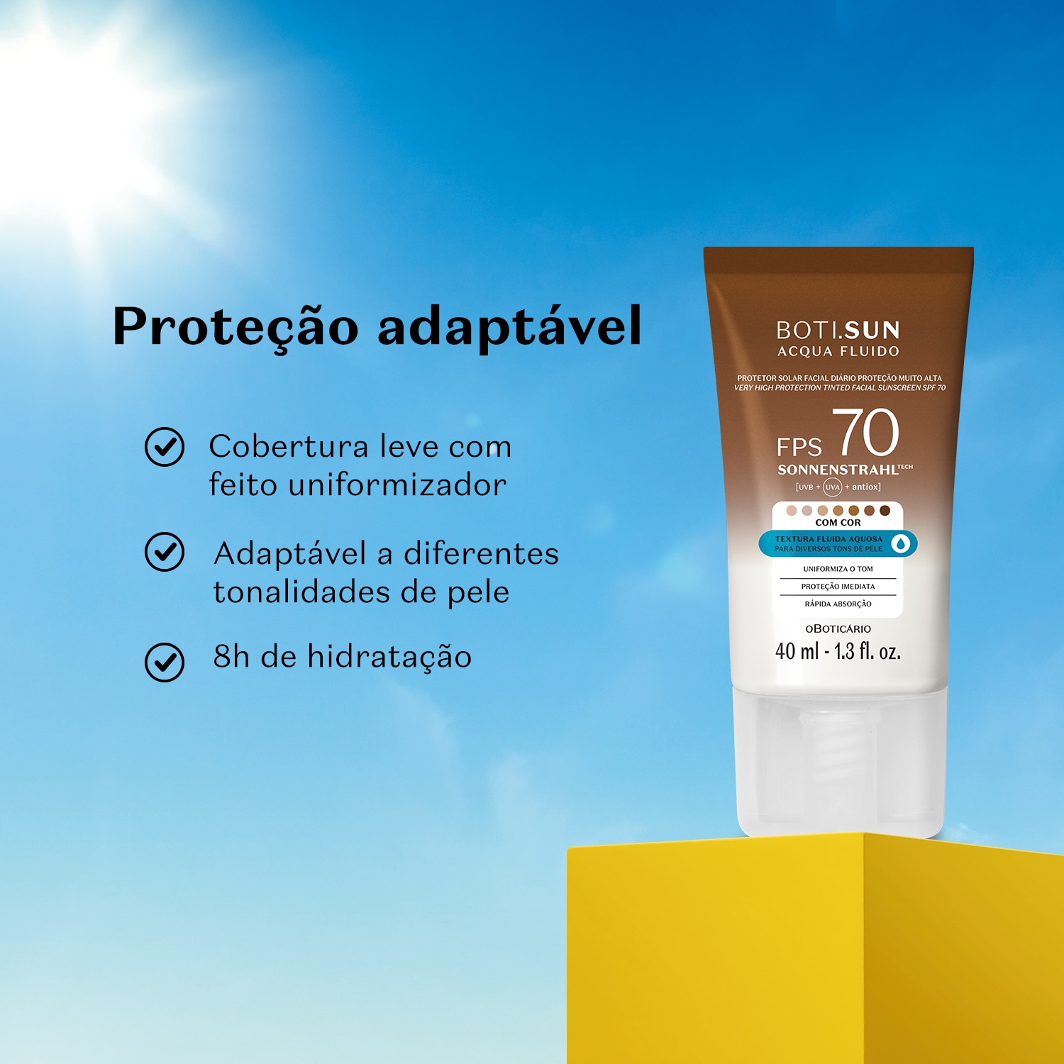Protetor Solar Facial Com Cor FPS 70 Boti.Sun 4.5 40ml