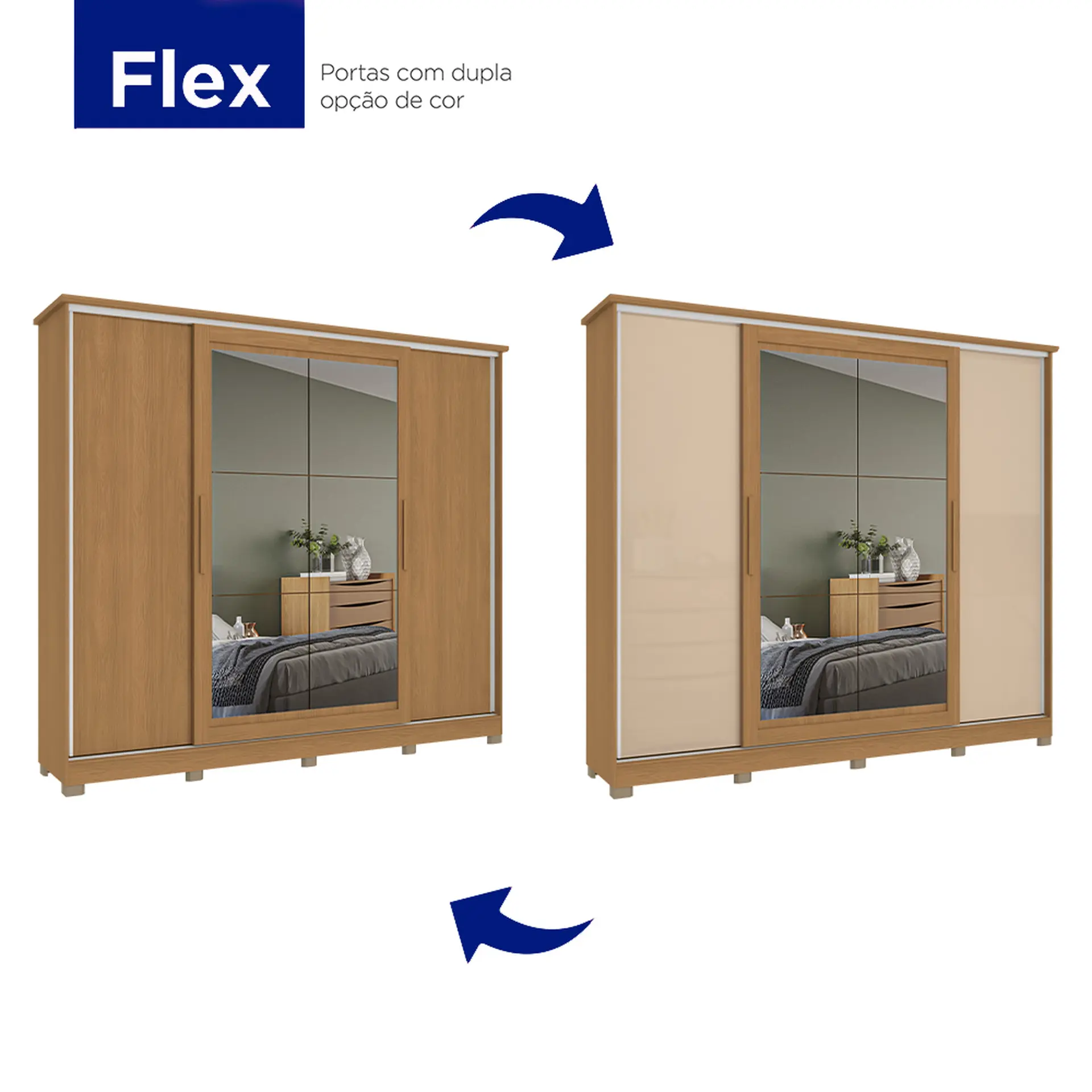 Guarda-Roupa Casal 4 Portas de Correr 4 Gavetas Espelho Ambar Flex Kappesberg - Canela/Macadamia