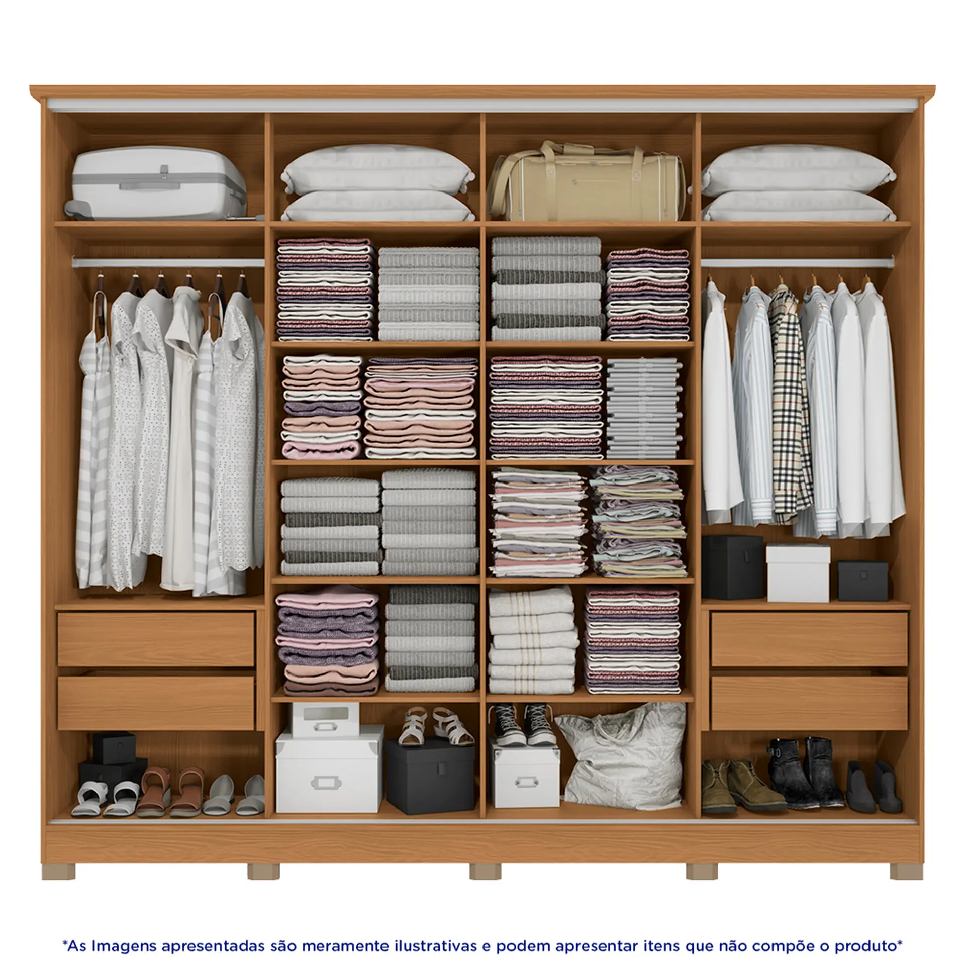 Guarda-Roupa Casal 4 Portas de Correr 4 Gavetas Espelho Ambar Flex Kappesberg - Canela/Macadamia