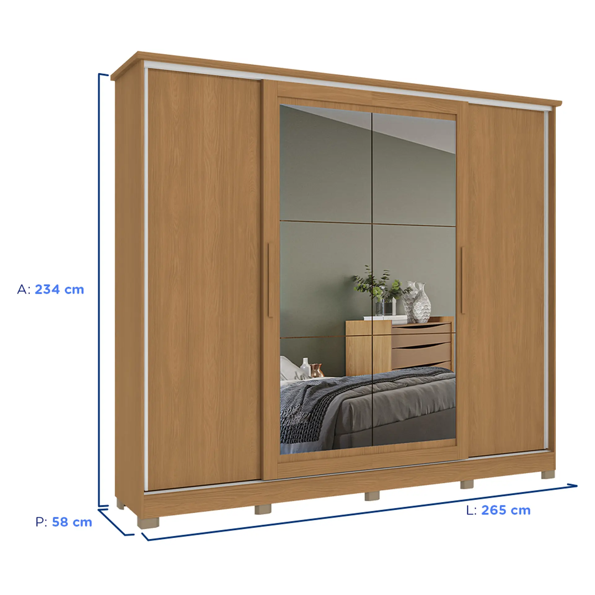 Guarda-Roupa Casal 4 Portas de Correr 4 Gavetas Espelho Ambar Flex Kappesberg - Canela/Macadamia