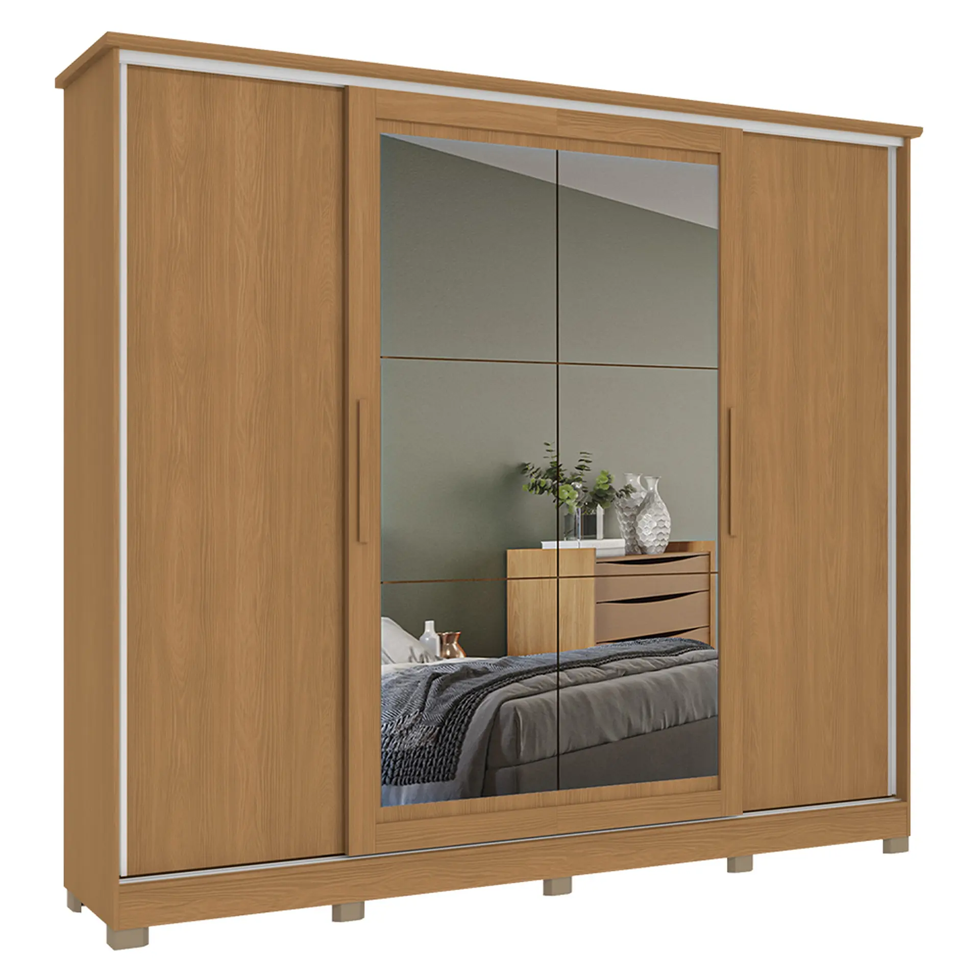 Guarda-Roupa Casal 4 Portas de Correr 4 Gavetas Espelho Ambar Flex Kappesberg - Canela/Macadamia