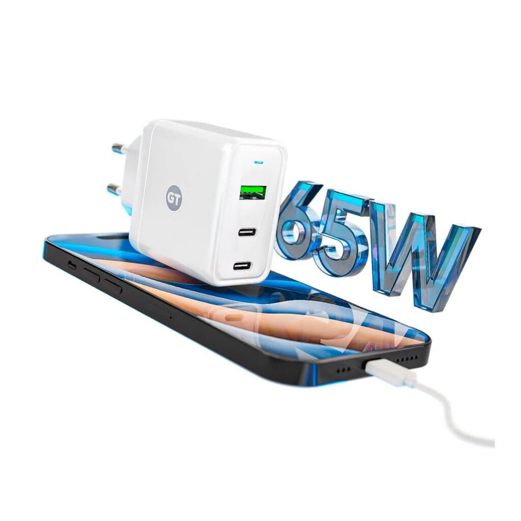 Carregador de Celular / Notebook Parede com 1 USB 3.0 + 2 Portas Type-C 65W Ultra Rápido Bivolt Branco Goldentec - GT 55020