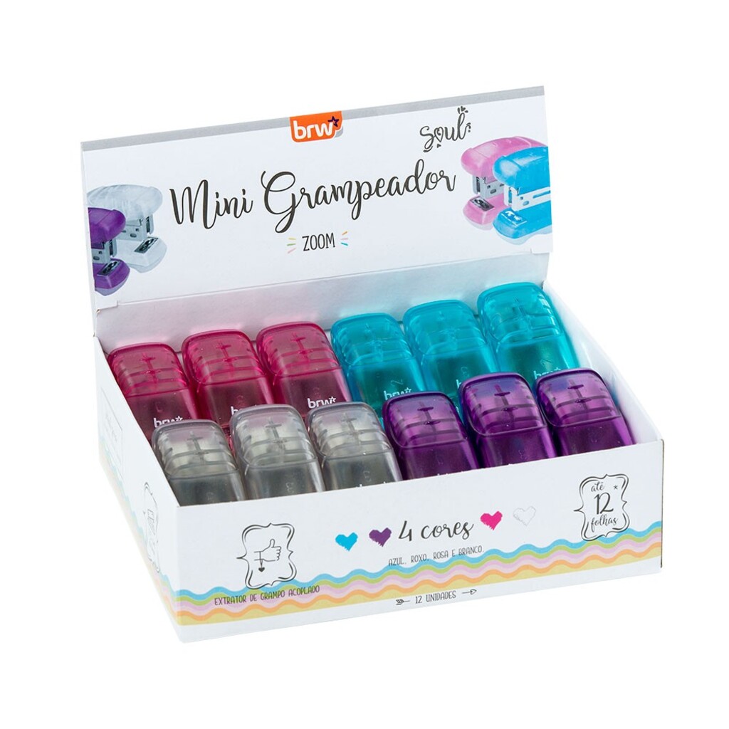 Grampeador Mini Plástico 12 Folhas BRW - Caixa com 12 Unidades - GP0101