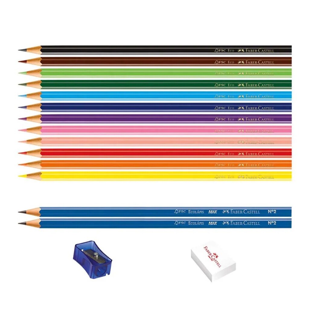 Lápis de Cor Faber Castell 12 Cores, Kit com Apontador, Borracha e 2 EcoLápis