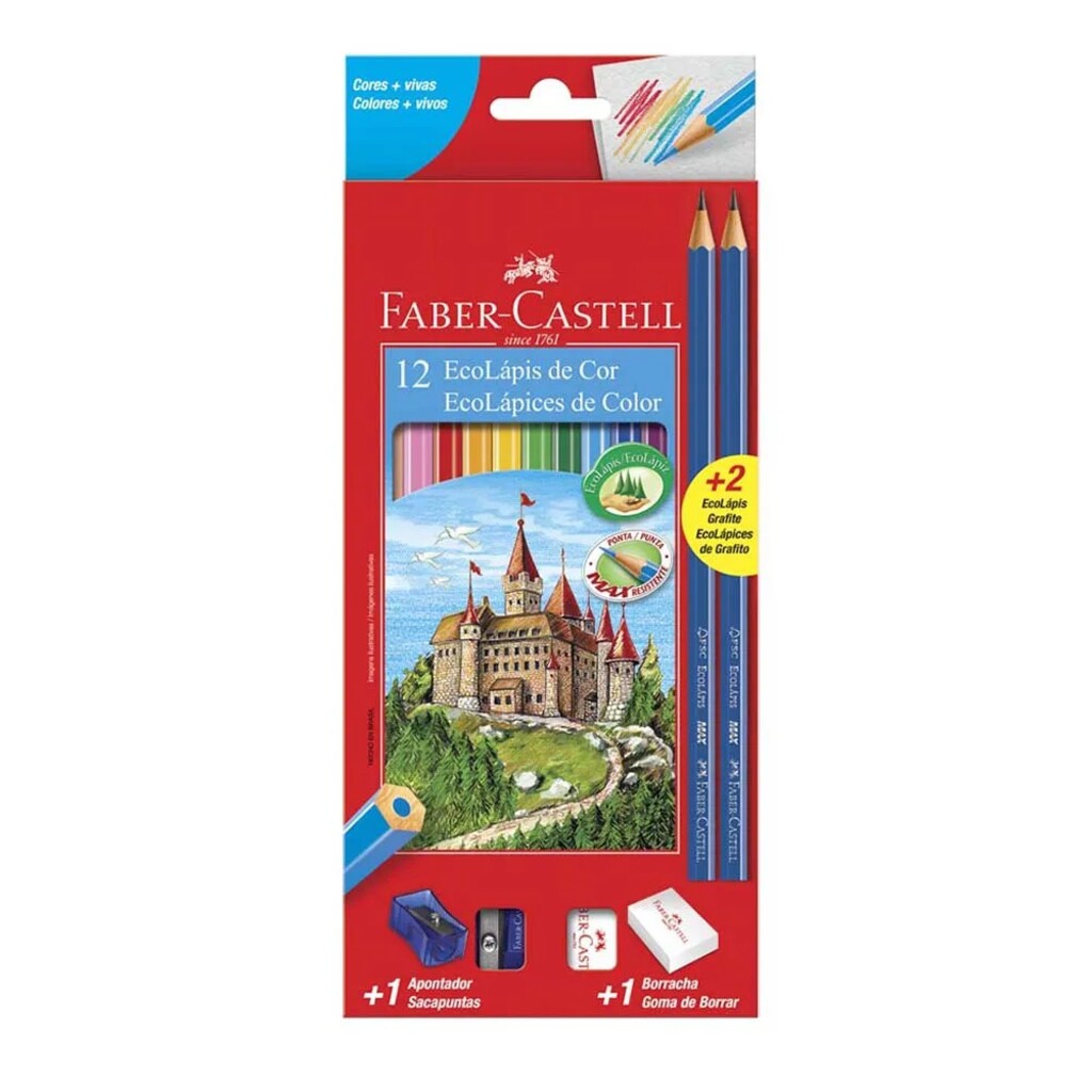 Lápis de Cor Faber Castell 12 Cores, Kit com Apontador, Borracha e 2 EcoLápis