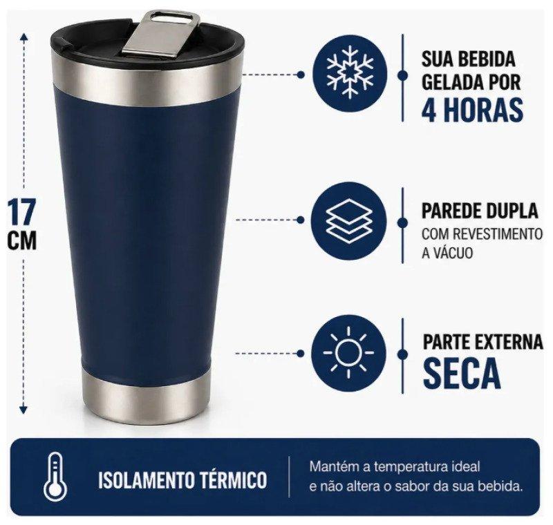 Copo Térmico 473 ml Aço Inox Com Tampa e Abridor Azul