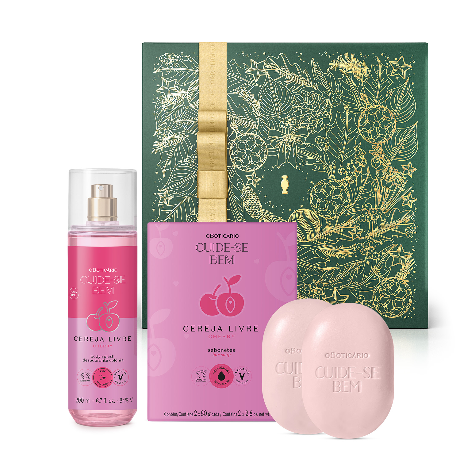 Combo Presente Cuide-se Bem Cereja Livre: Body Splash 200ml + Sabonetes Em Barra 2x80g + Caixa de Presente