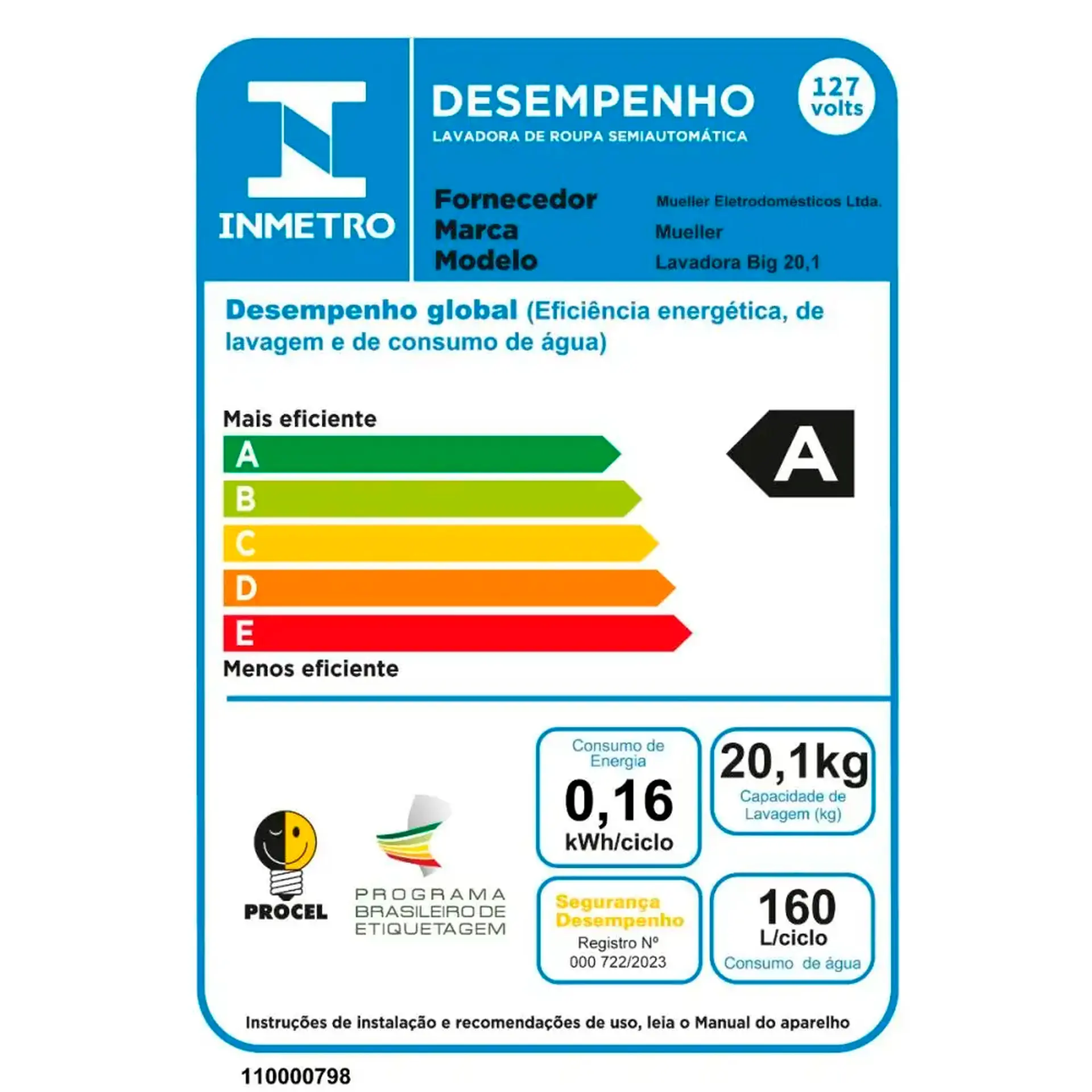 Tanquinho Mueller Big 20Kg Semiautomático Sistema de Drenagem - Preto - 110 Volts