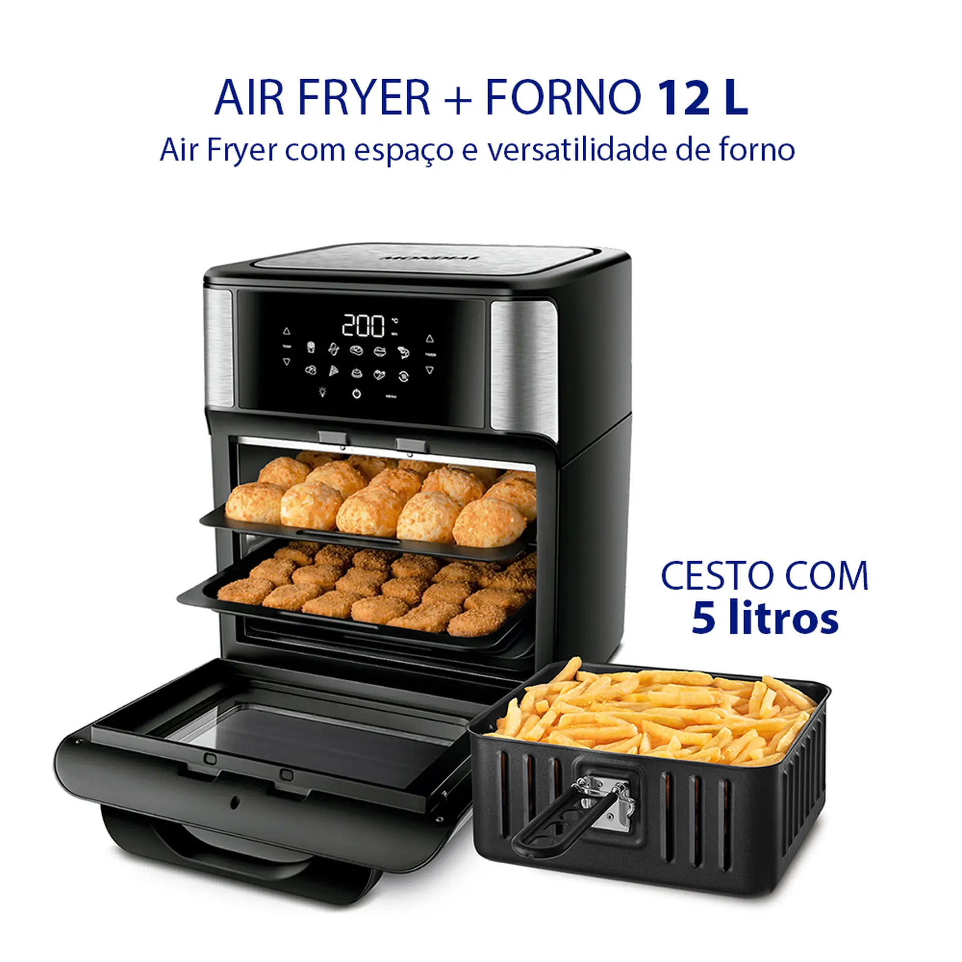 Fritadeira Elétrica Air Fryer Mondial Oven AFON-12L-BI 12L 2000W - Preto/Inox - 110 Volts