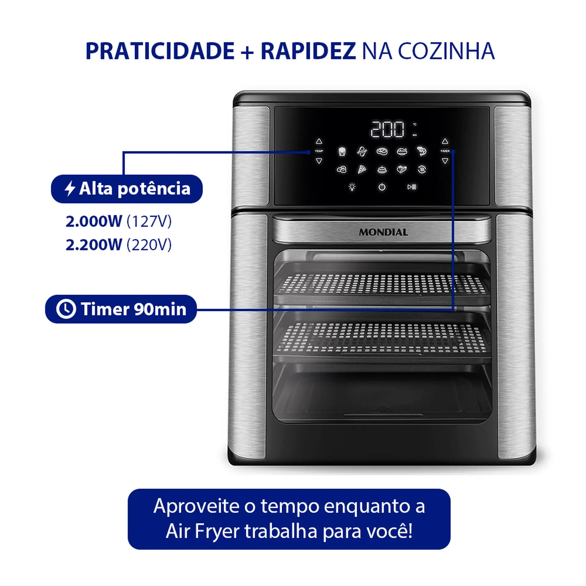 Fritadeira Elétrica Air Fryer Mondial Oven AFON-12L-BI 12L 2000W - Preto/Inox - 110 Volts
