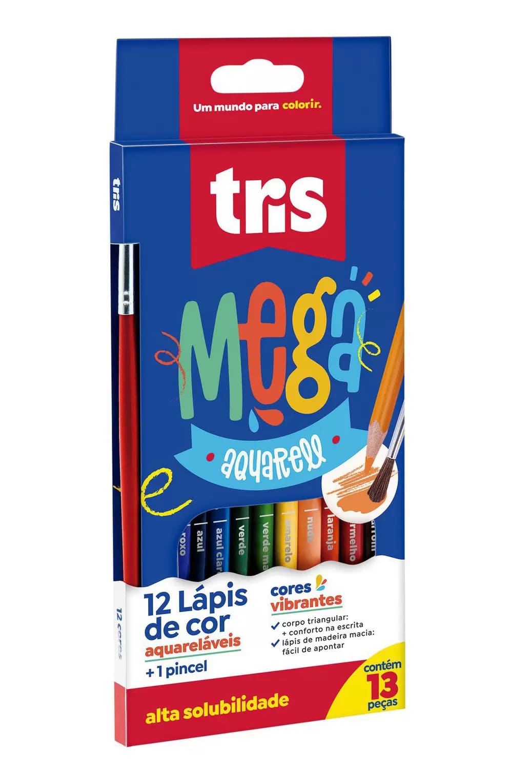 Lápis de Cor TRIS Mega 12 cores Aquarelavel mais 1 pincel