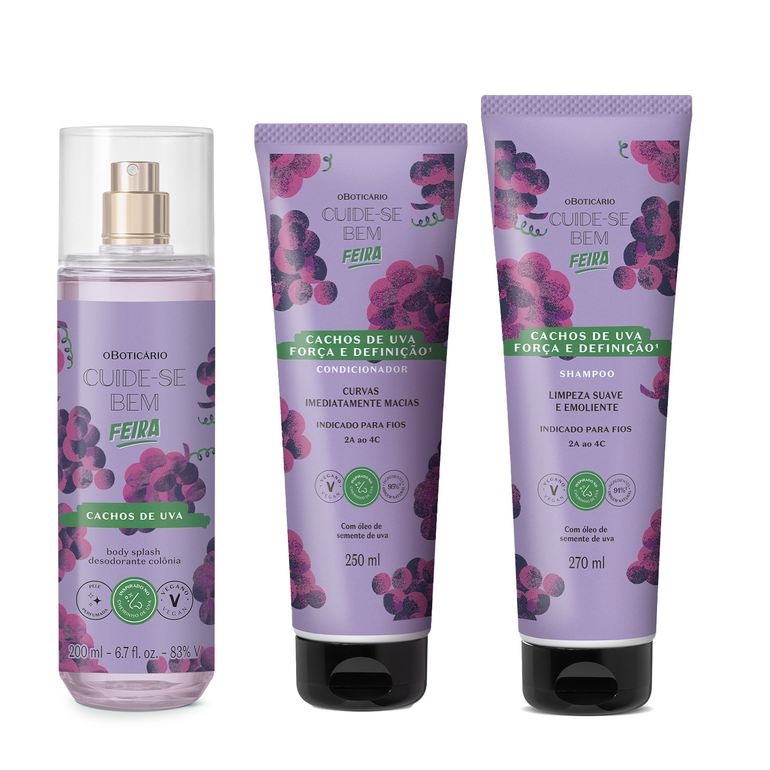 Combo Cuide-se Bem Cachos de Uva: Body Splash 200ml + Shampoo 270ml +Condicionador 250ml