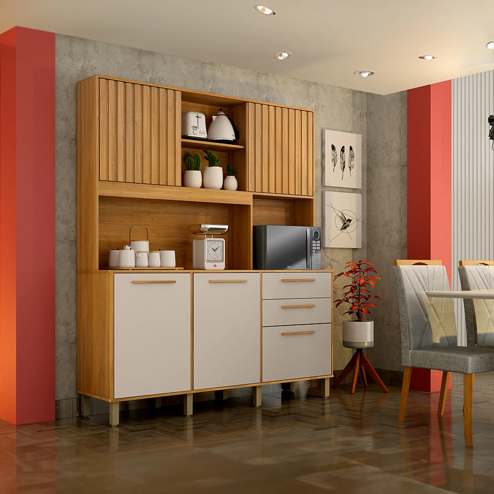 Cozinha Compacta 5 Portas 2 Gavetas Diamante Valdemóveis - Cinamomo/ Off white