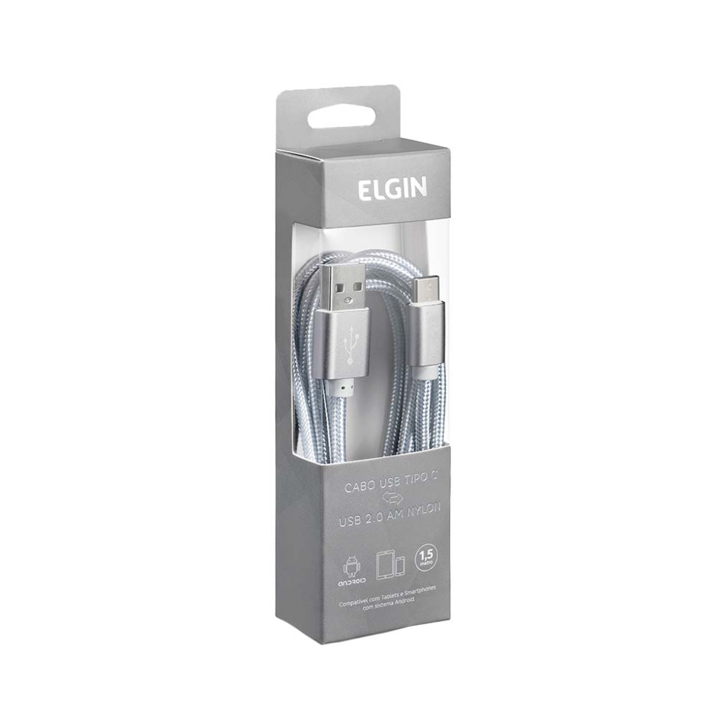 Cabo USB A-Macho - Type-C 1,5 Metros 2.0A Nylon Cinza Elgin - 46RCTCNYCDS