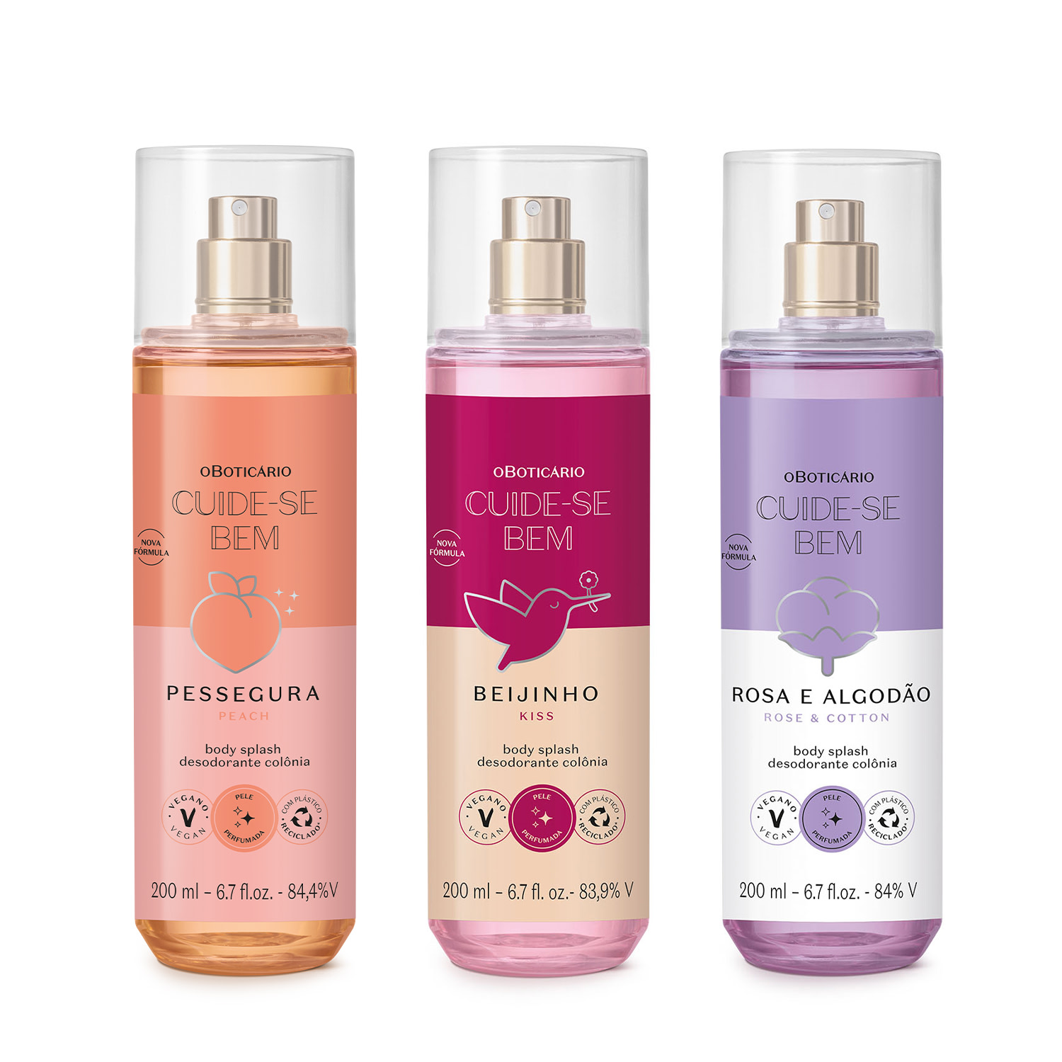 Combo Body Splash Cuide-se Bem: Pessegura 200ml + Beijinho 200ml + Rosa e Algodão 200ml