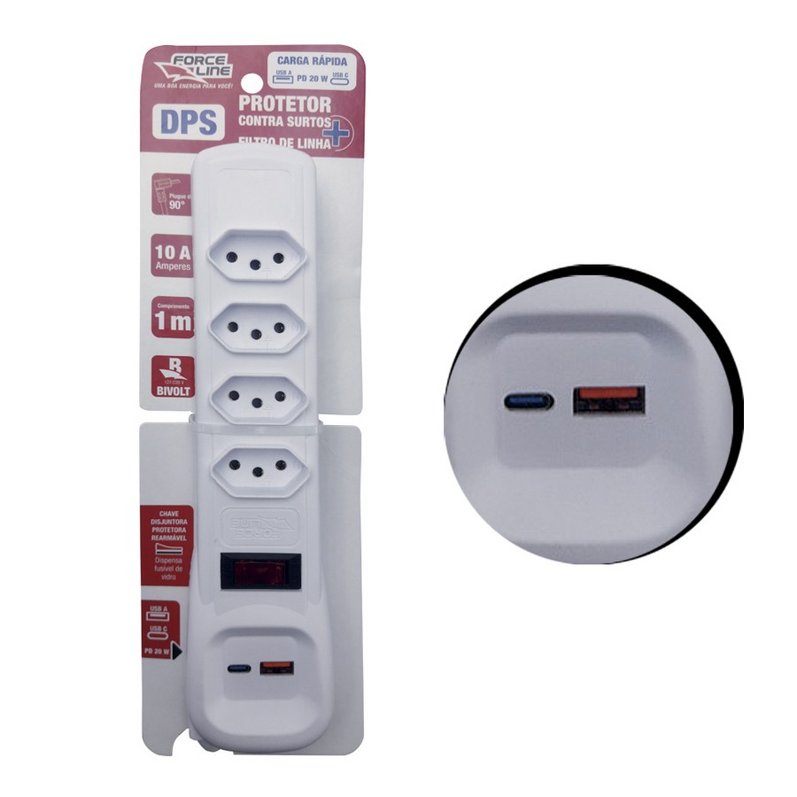 Filtro de Linha Force line 4 Tomadas + USB A+C 3 Pinos 1m Preto 60400124