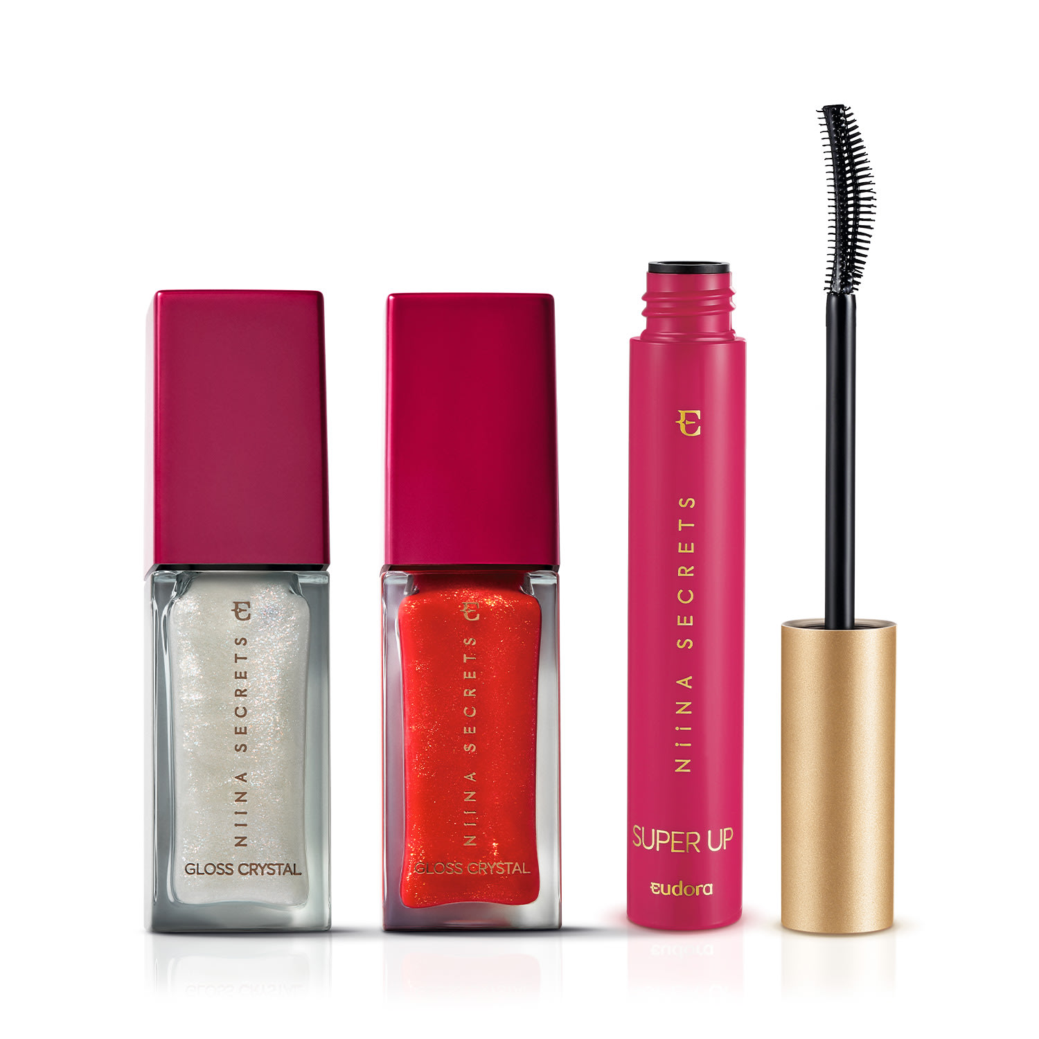 Combo Niina Secrets: Gloss Vermelho Jaspe 7ml + Gloss Holográfico Moon 7ml + Máscara para Cílios 8g